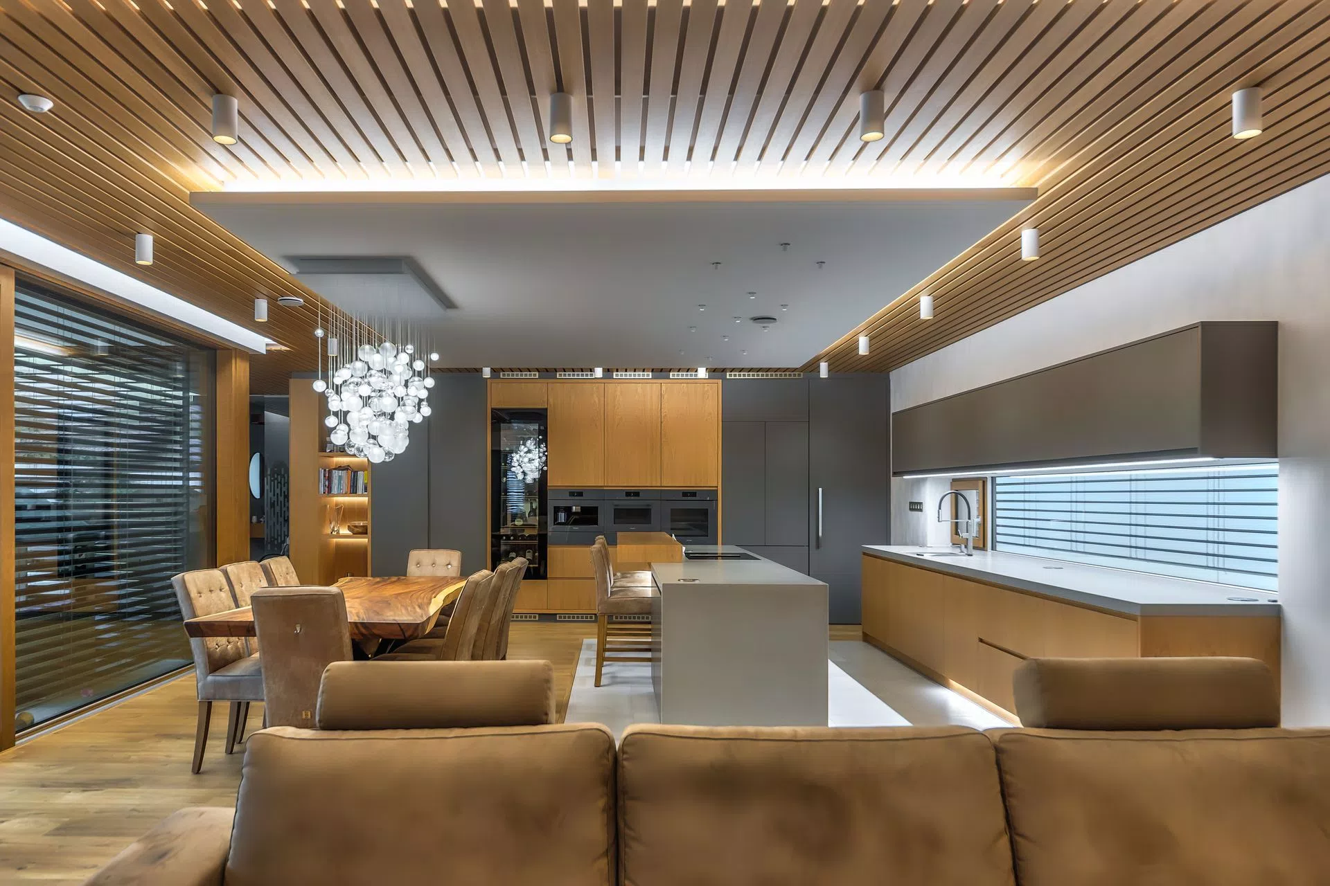 Wooden interior modern glass chandelier in luxury livingroom