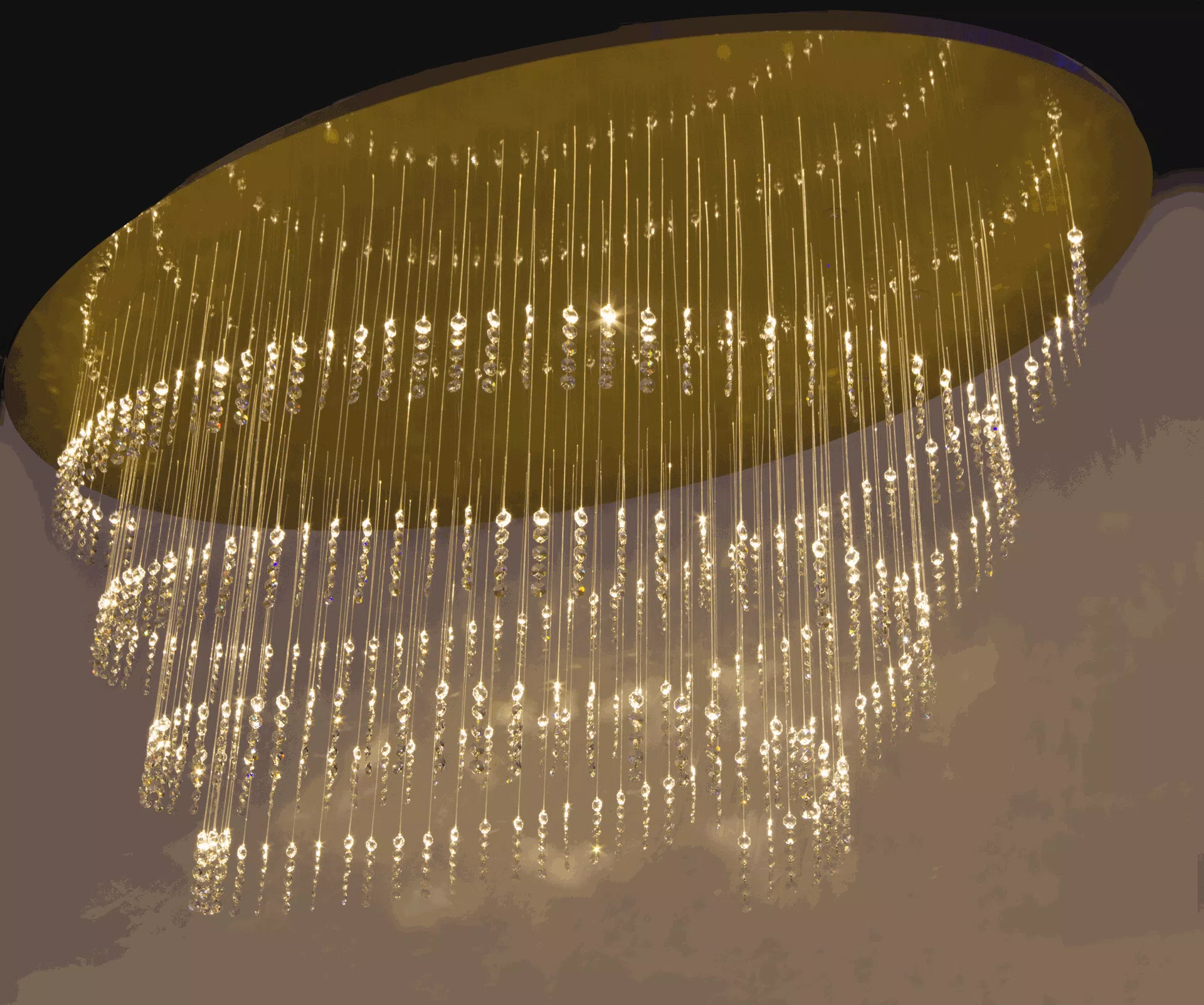 Twirl crystall and fibre optics golden chandelier from bellow