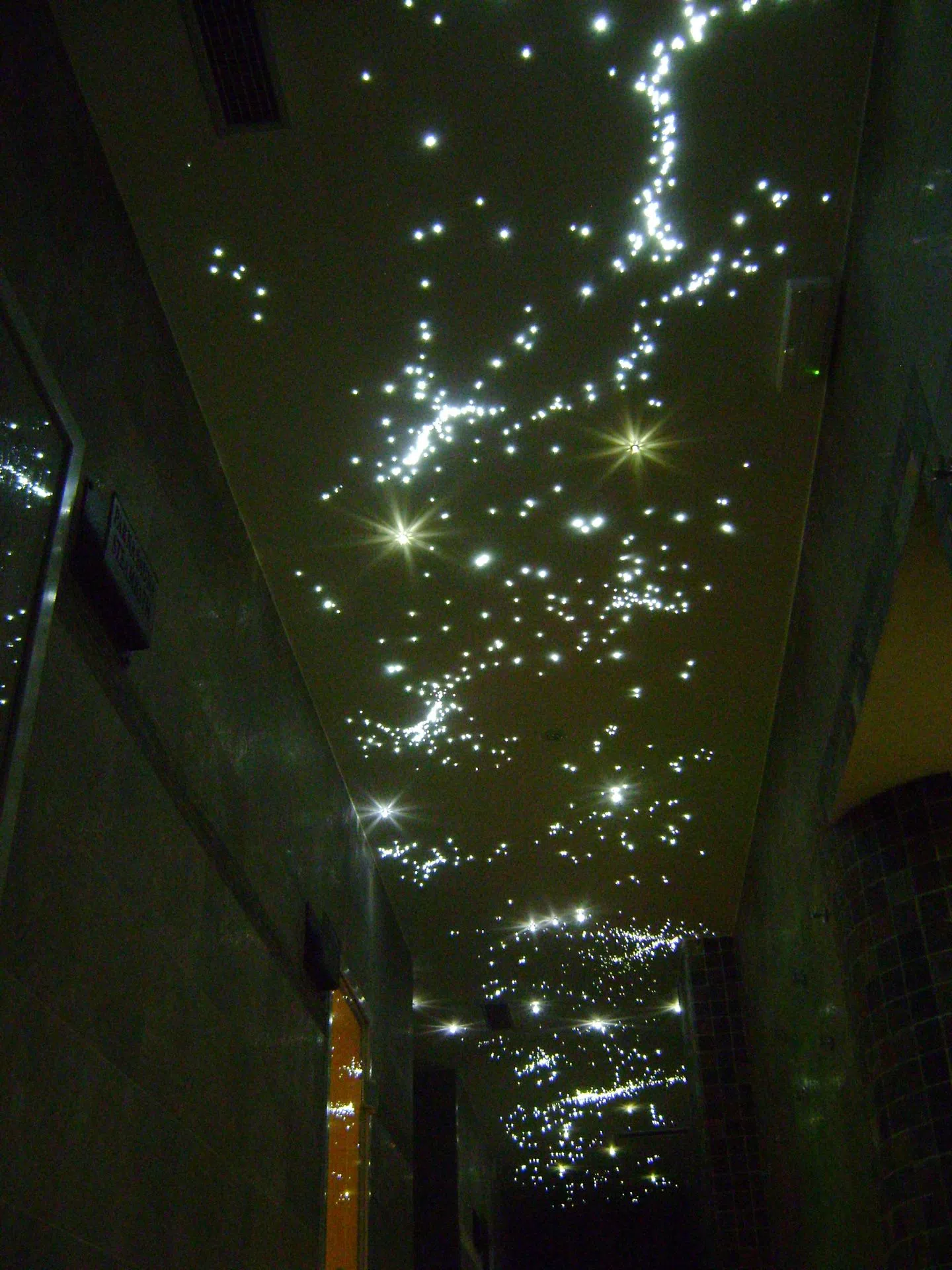 Hallway at night with only fibre optics as starry sky and crystall sky, all powered from 2 LED fibre optic light sources