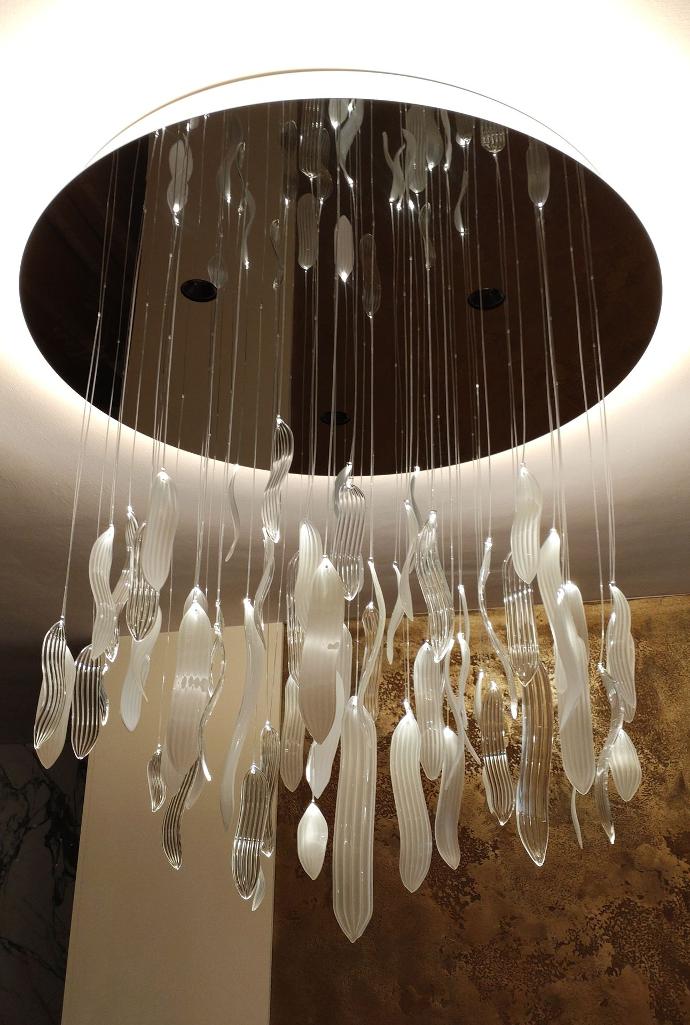 Fiber optic hand blown glass chandelier round base in dinning room with indirect LED soft light