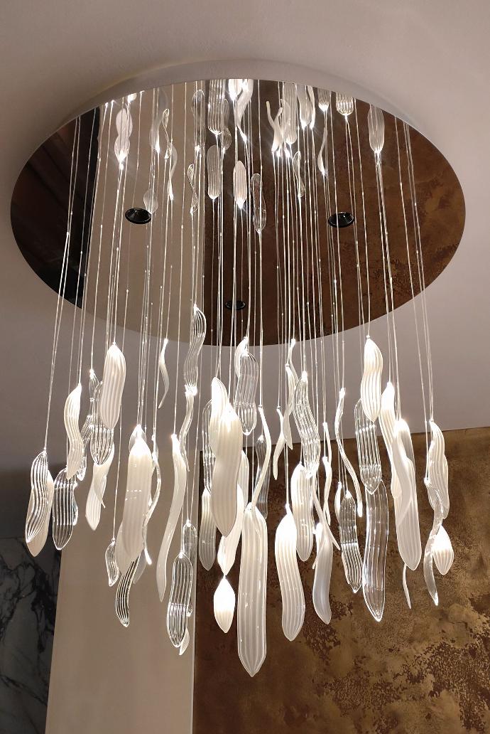 Fiber optic hand blown glass chandelier round base in dinning room, only fiber optics ON