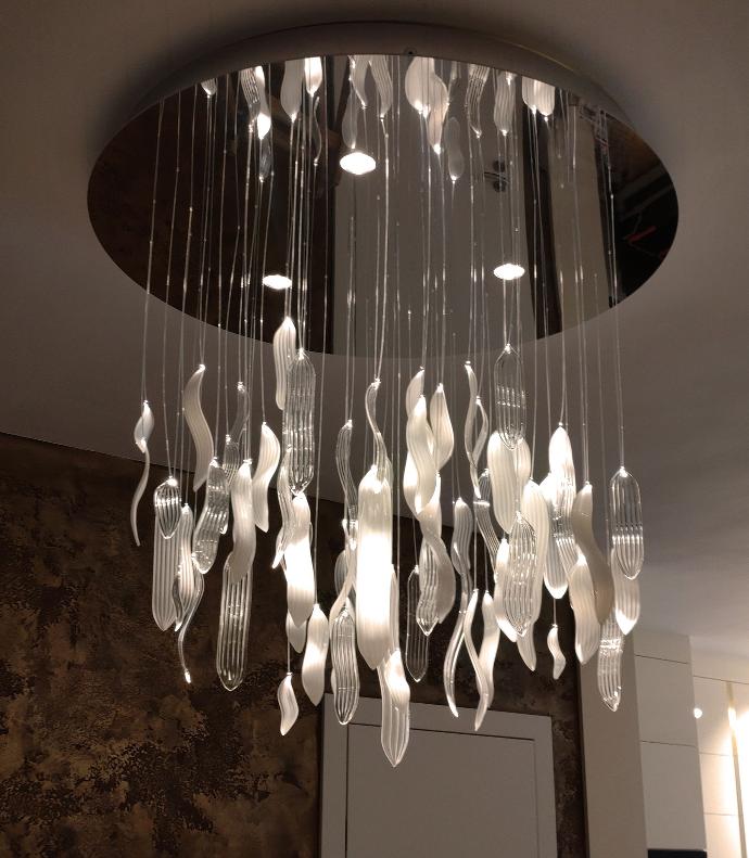 Fiber optic hand blown glass chandelier round base in dinning room, mini LED spotlights are ON