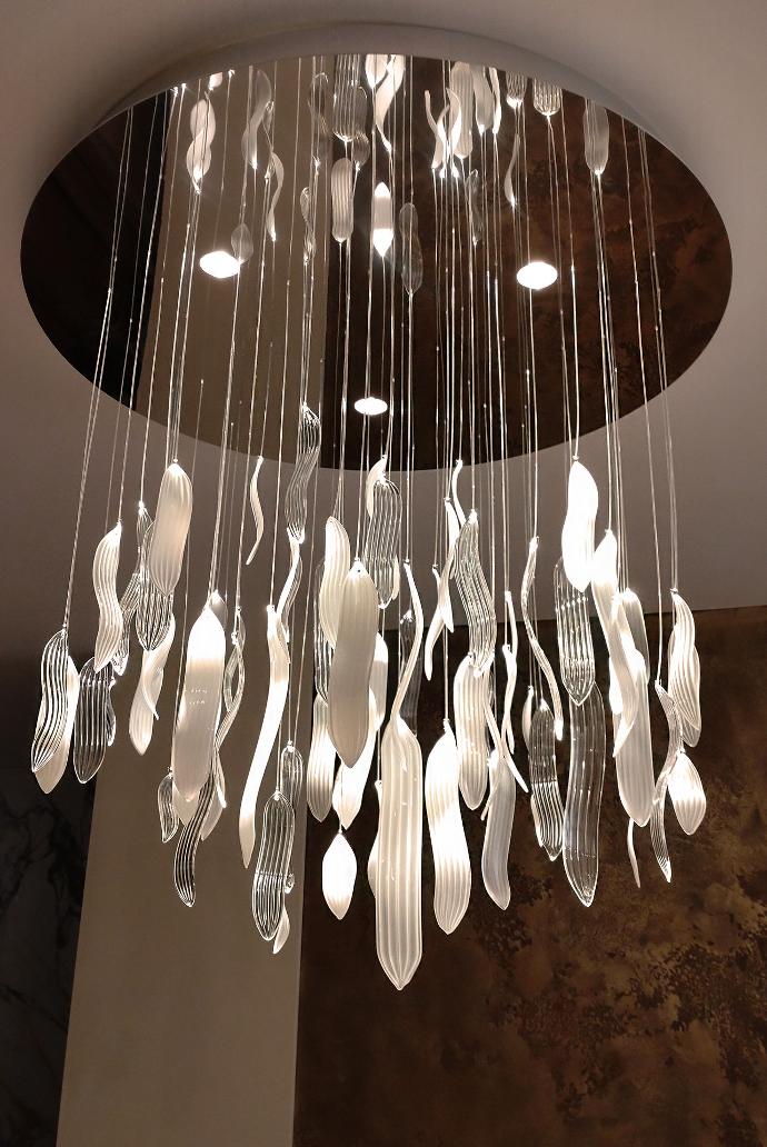 Fiber optic hand blown glass chandelier round base in dinning room only LED downlights ON