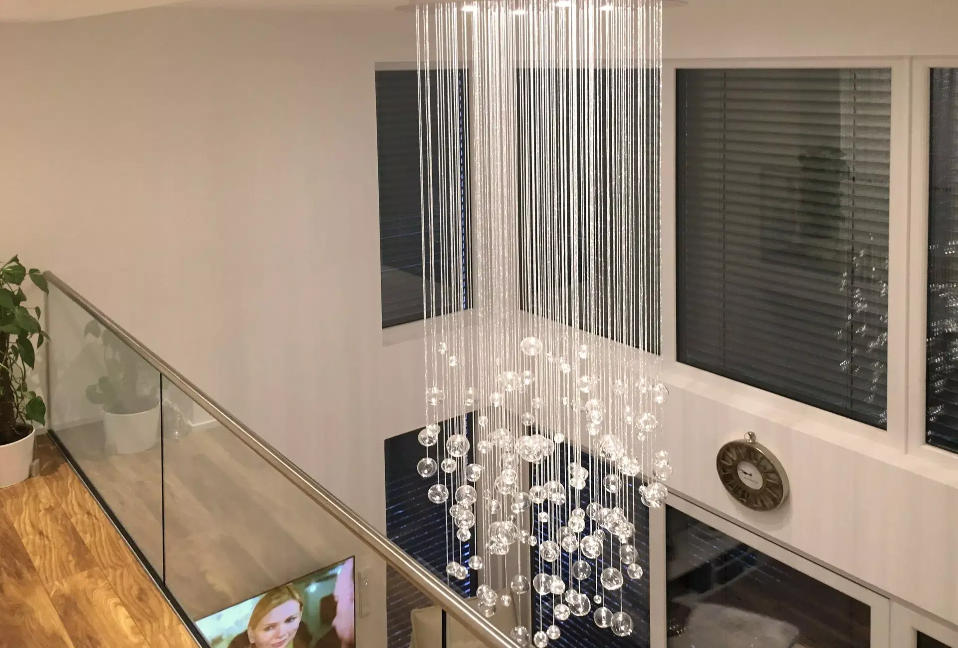 Aquila fibre optic design chandelier with fibrer optics and glass ball components with main power LED spotlights integrated