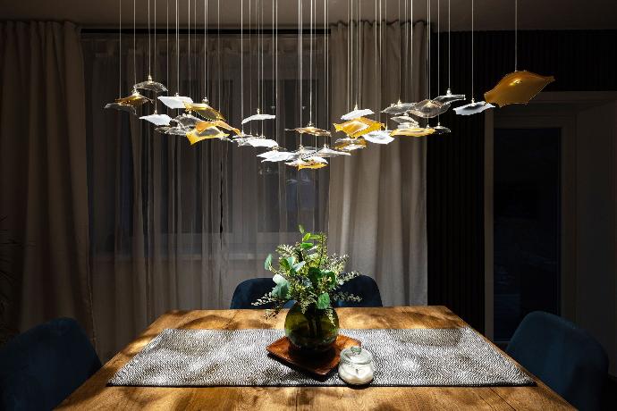 Romantic chandelier INFINITO has 2 power settings : fibre optics for decorative moodlighting creating lovelz atmosphere and frameless LED downlights hiden in clever way to provide functional lighting