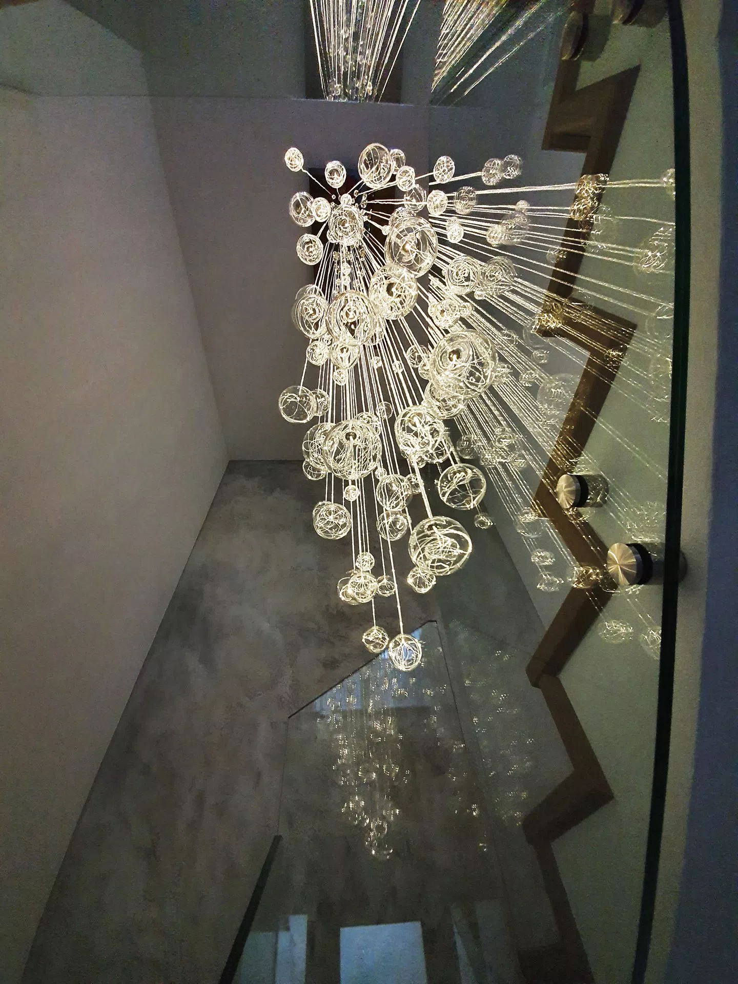 Main POWER lighting on fibre optic chandelier providing perfect powerfull lighting for staircase view from bellow