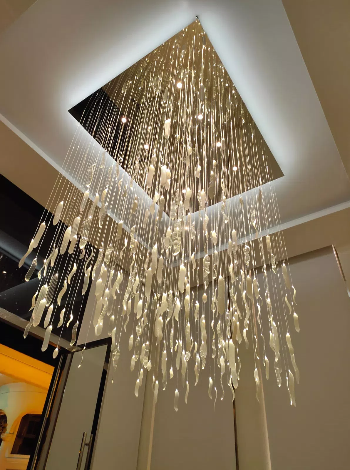 ASTER modern fibre optic decorative chandelier with glass leaves and downlights